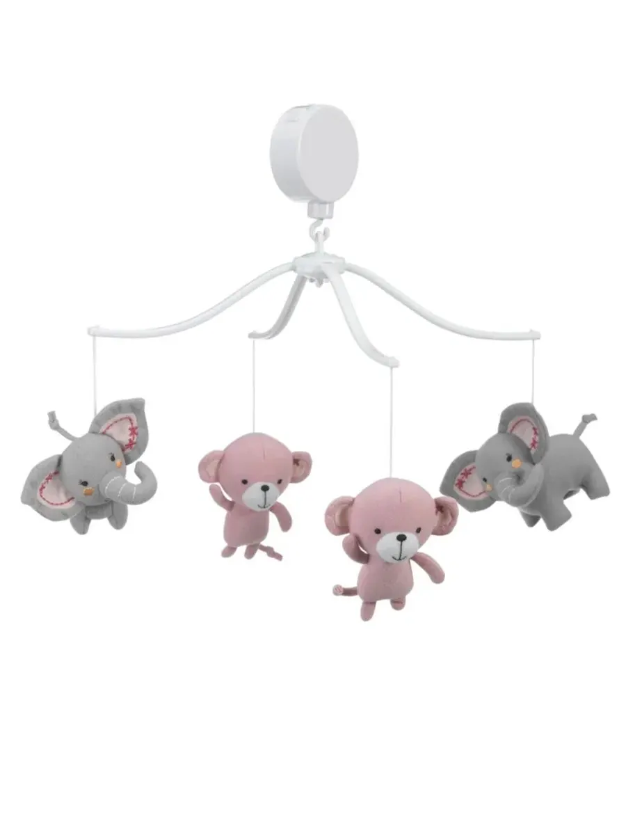 Музыкальный мобиль для детской кроватки Twinkle Toes в розово-серой гамме с обезьянкой и слоником