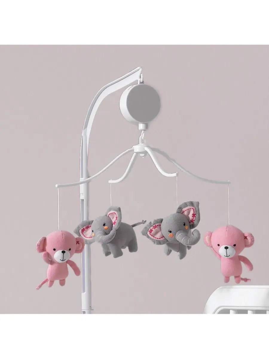 Музыкальный мобиль для детской кроватки Twinkle Toes в розово-серой гамме с обезьянкой и слоником — изображение 3 из 3