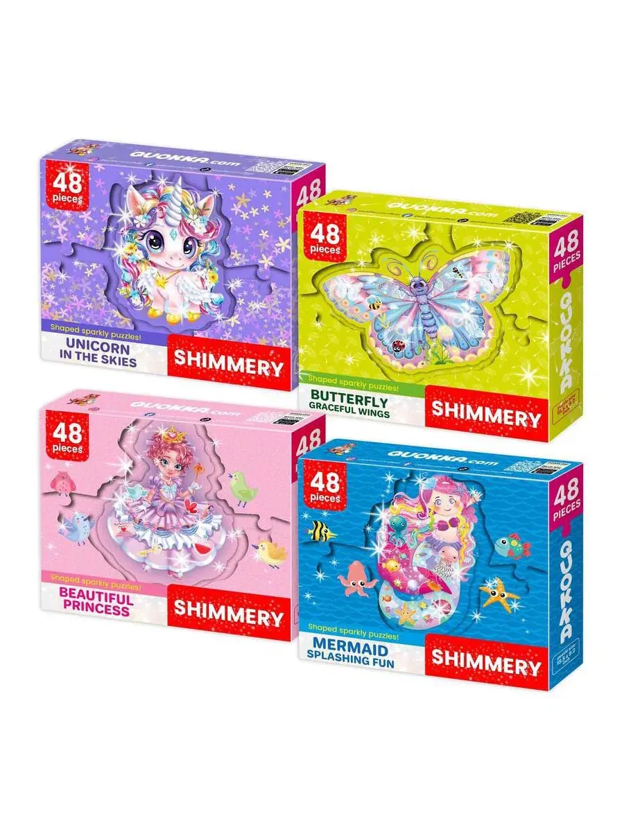 Набор пазлов Shimmer Puzzles для детей - 4 штуки: дракон, ракета, пожарная машина и динозавр