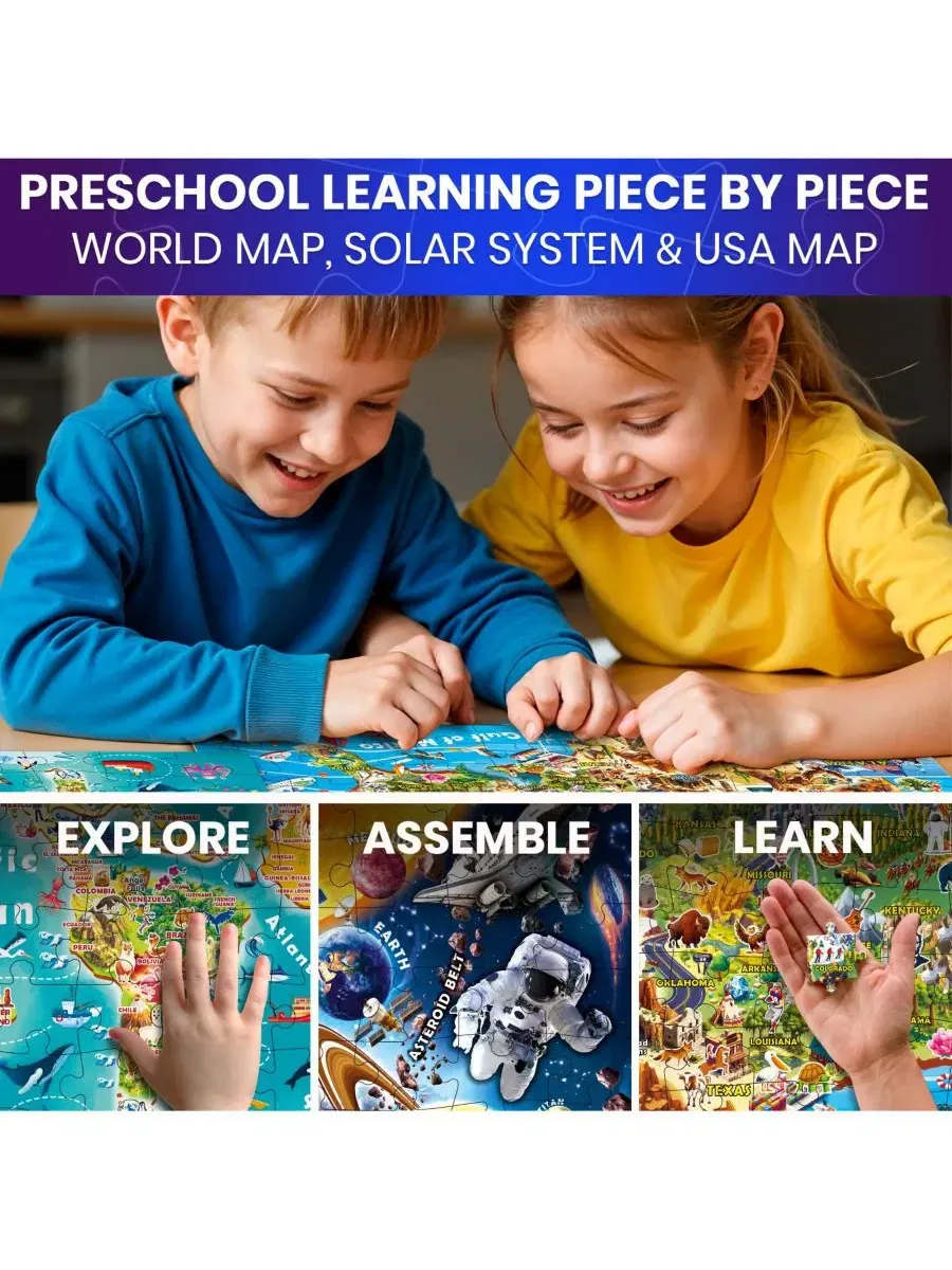 100 пазлов для детей 4-8 лет - Светящаяся в темноте карта США, карта мира и Солнечной системы — изображение 4 из 8