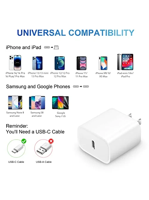 Зарядное устройство iPhone 20W USB-C с кабелем 6FT — изображение 5 из 6, белый