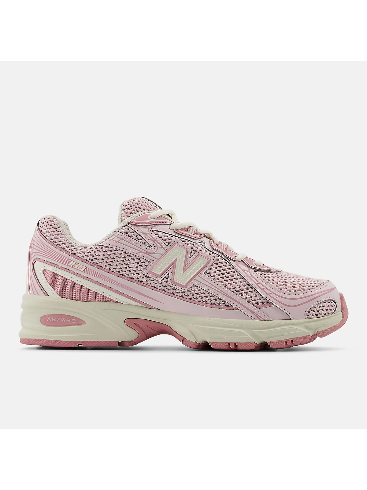 Розовые кроссовки New Balance 740 с кремовым и коричневым, вид сбоку.