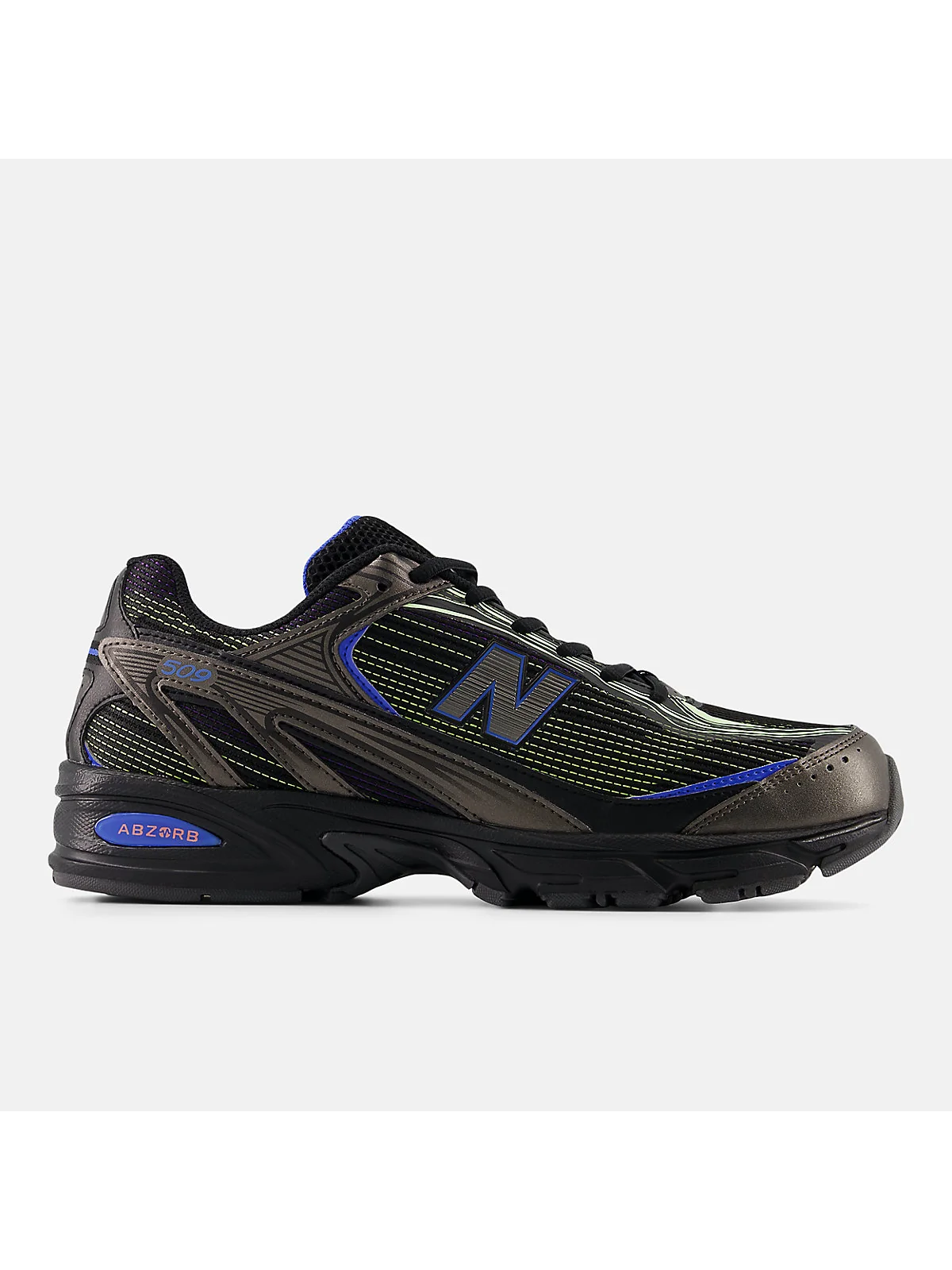 Кроссовки New Balance 509 с бежево-чёрно-голубой расцветкой, вид сбоку.