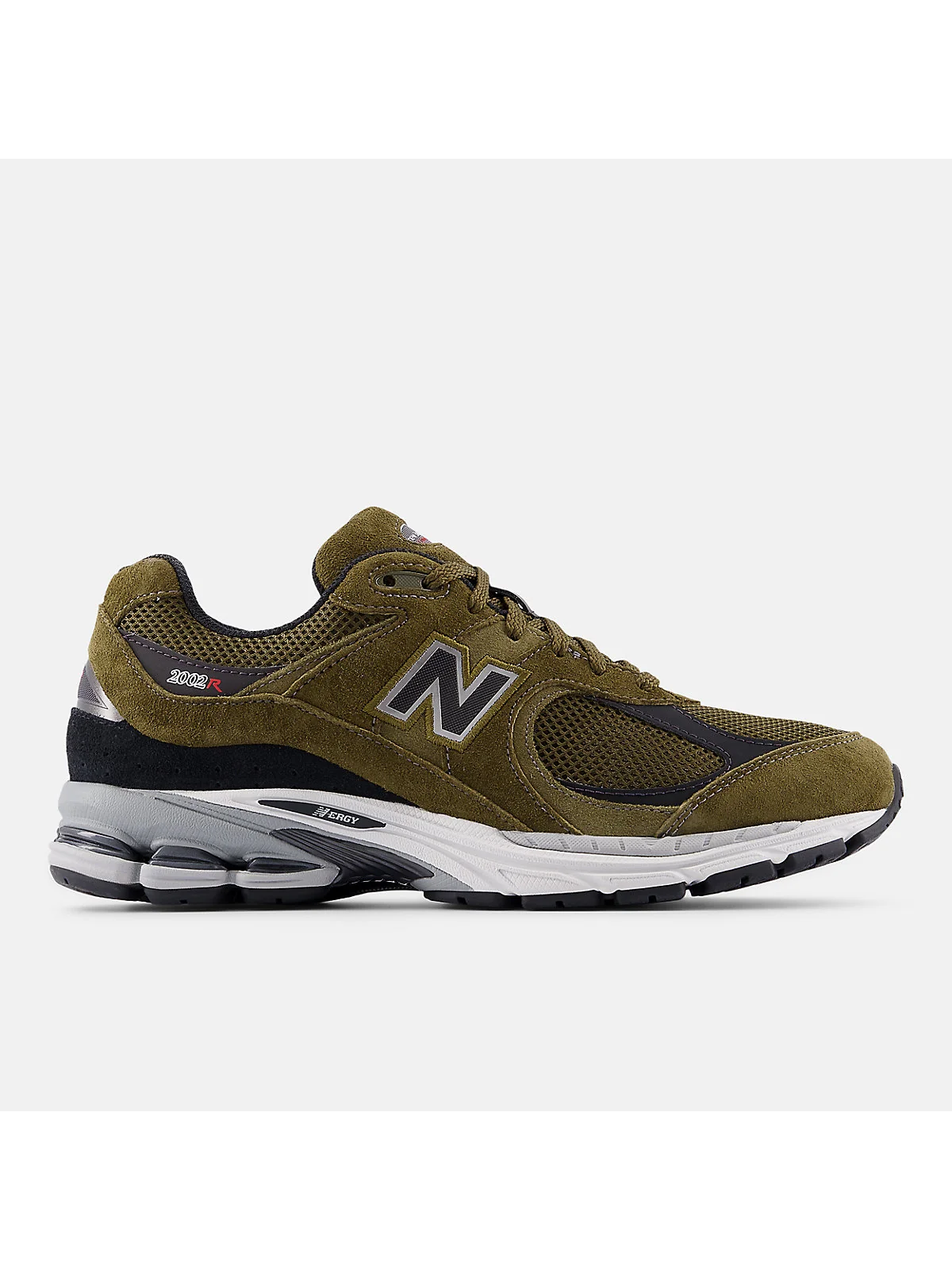 Кроссовки New Balance 2002R лесного цвета с чёрными вставками, вид сбоку