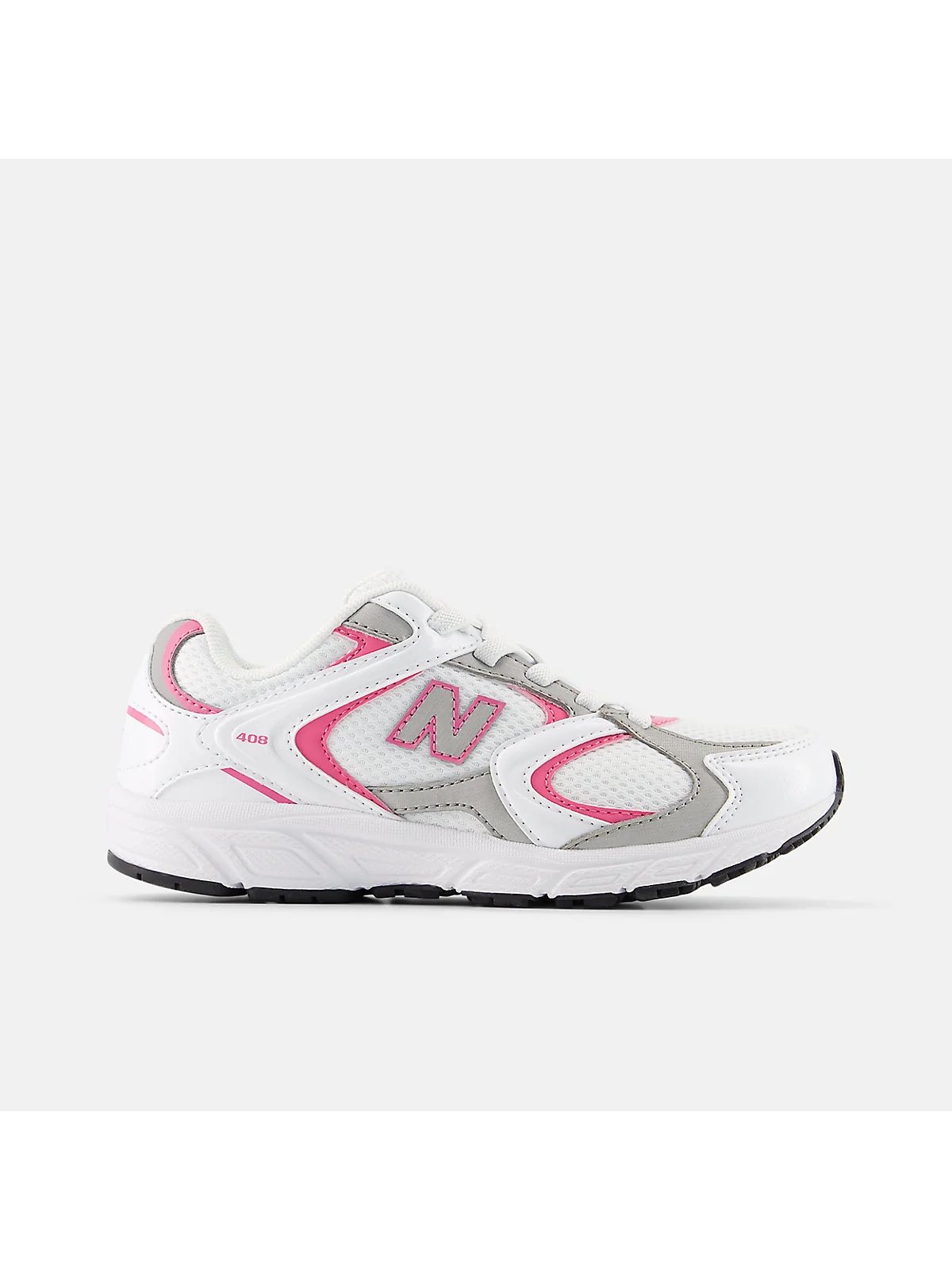 Кроссовки New Balance 408 Bungee белые с серебристыми деталями, вид сбоку.