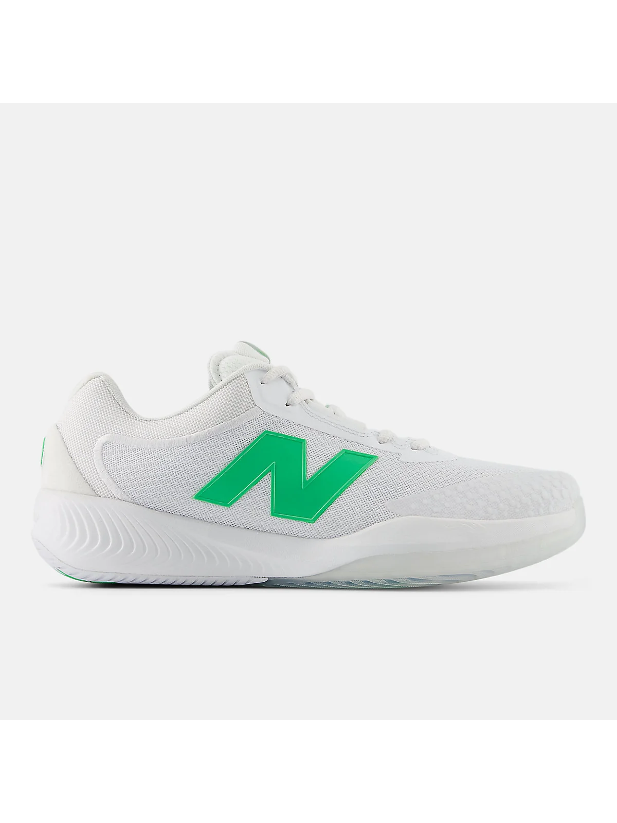 Белые кроссовки New Balance FuelCell 996v6 с ярко-зелёным логотипом, вид сбоку.