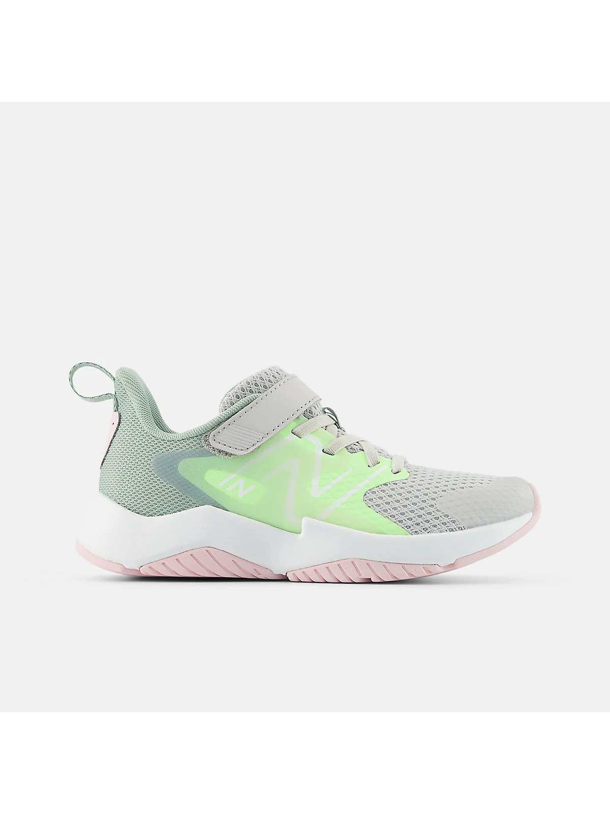 Серые детские кроссовки New Balance Rave Run v2 с неоновыми акцентами, вид сбоку