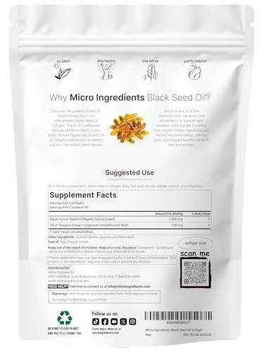 Micro Ingredients масло чёрного тмина 3000 мг с маслом орегано, капсулы — изображение 2 из 5