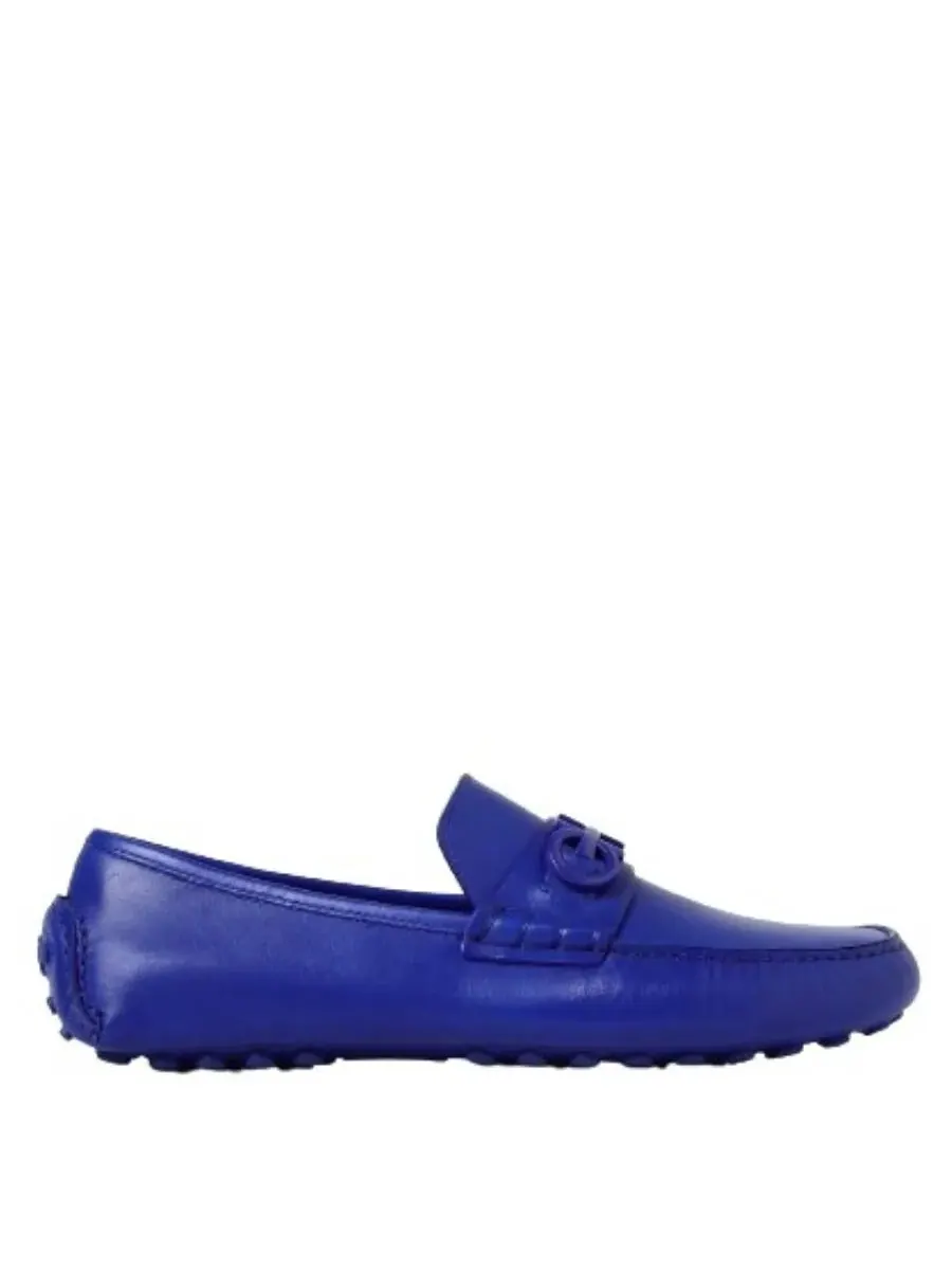 Мужские мокасины Ferragamo Grazioso синего цвета из кожи с орнаментом Gancini