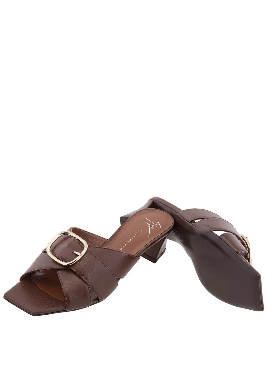 Кожаные сандалии Giuseppe Zanotti на среднем каблуке с пряжкой — изображение 2 из 4, кофейный