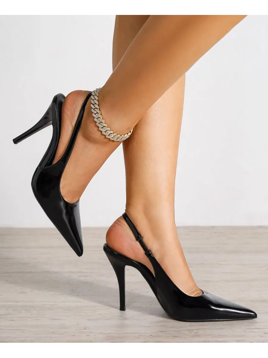 Туфли-лодочки с ремешком и острым носком на каблуке-шпильке Crescentia Patent Slingback Stiletto — изображение 6 из 6, черный