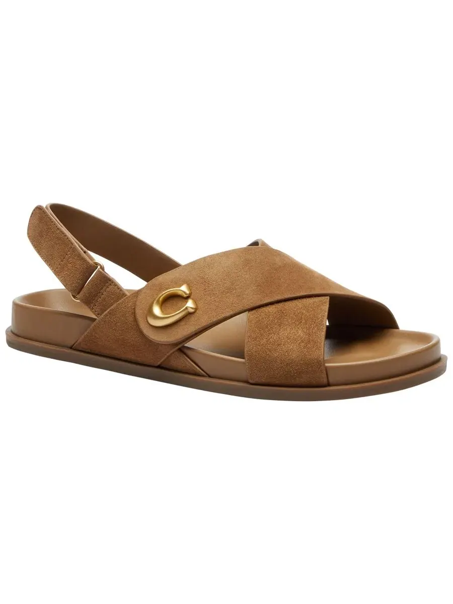 Сандалии женские на плоском ходу, с перекрестным ремешком, бренд COACH, Coconut Suede