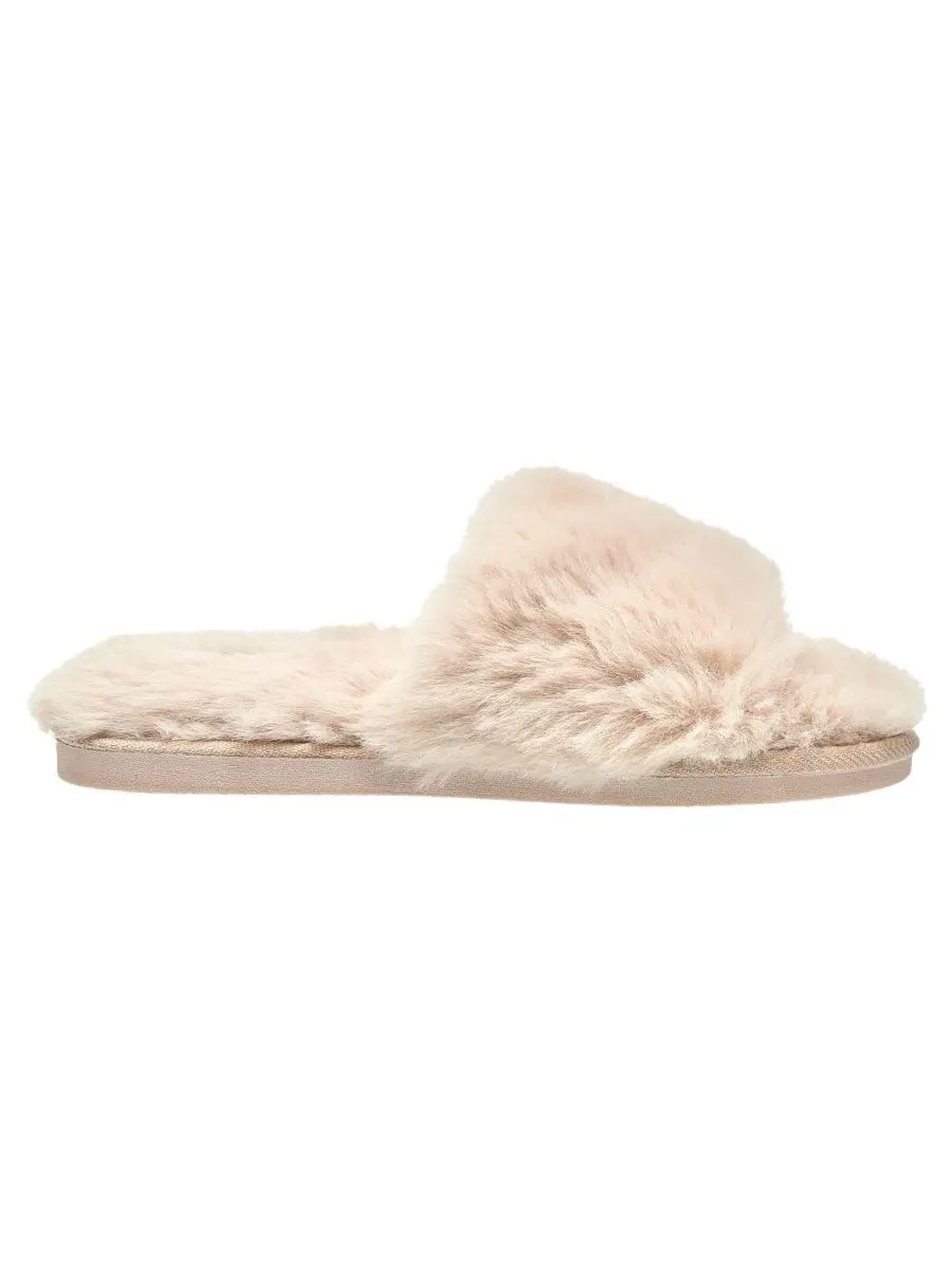 Женские тапочки-слайды с искусственным мехом, модель Slide Faux Fur Slipper Nine West — изображение 2 из 6, бежевый