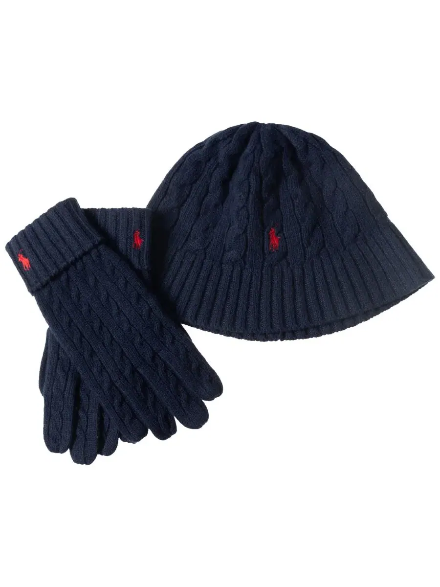 Комплект из шляпы и перчаток с кабельным узором Polo Ralph Lauren — изображение 2 из 4, темно-синий