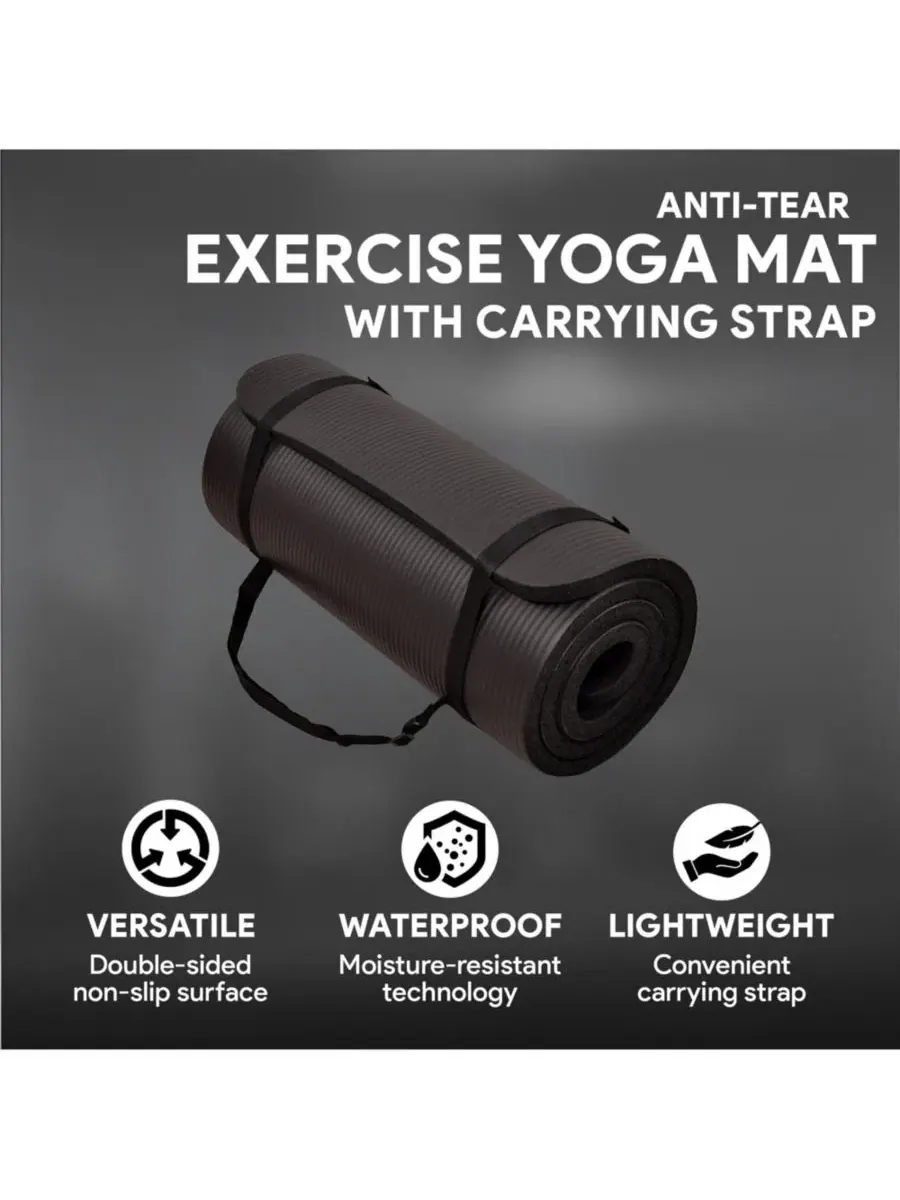 Коврик для йоги GoYoga 180 x 61 см , устойчивый к разрывам, с ремешком — изображение 2 из 5, черный