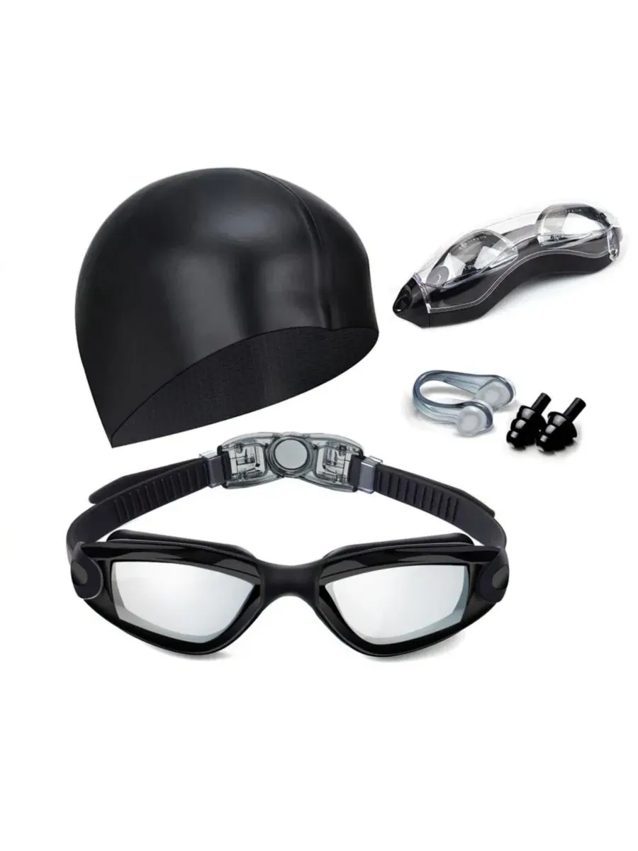 Очки для плавания, зажим для носа, беруши, колпачок, футляр