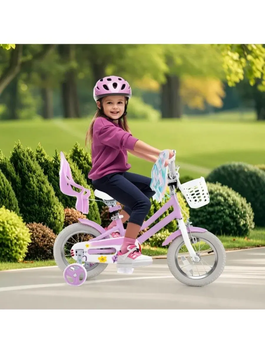 Детский велосипед для девочек 3-8 лет, 30 см , с сиденьем для куклы и лентами Hongge — изображение 2 из 10, фиолетовый