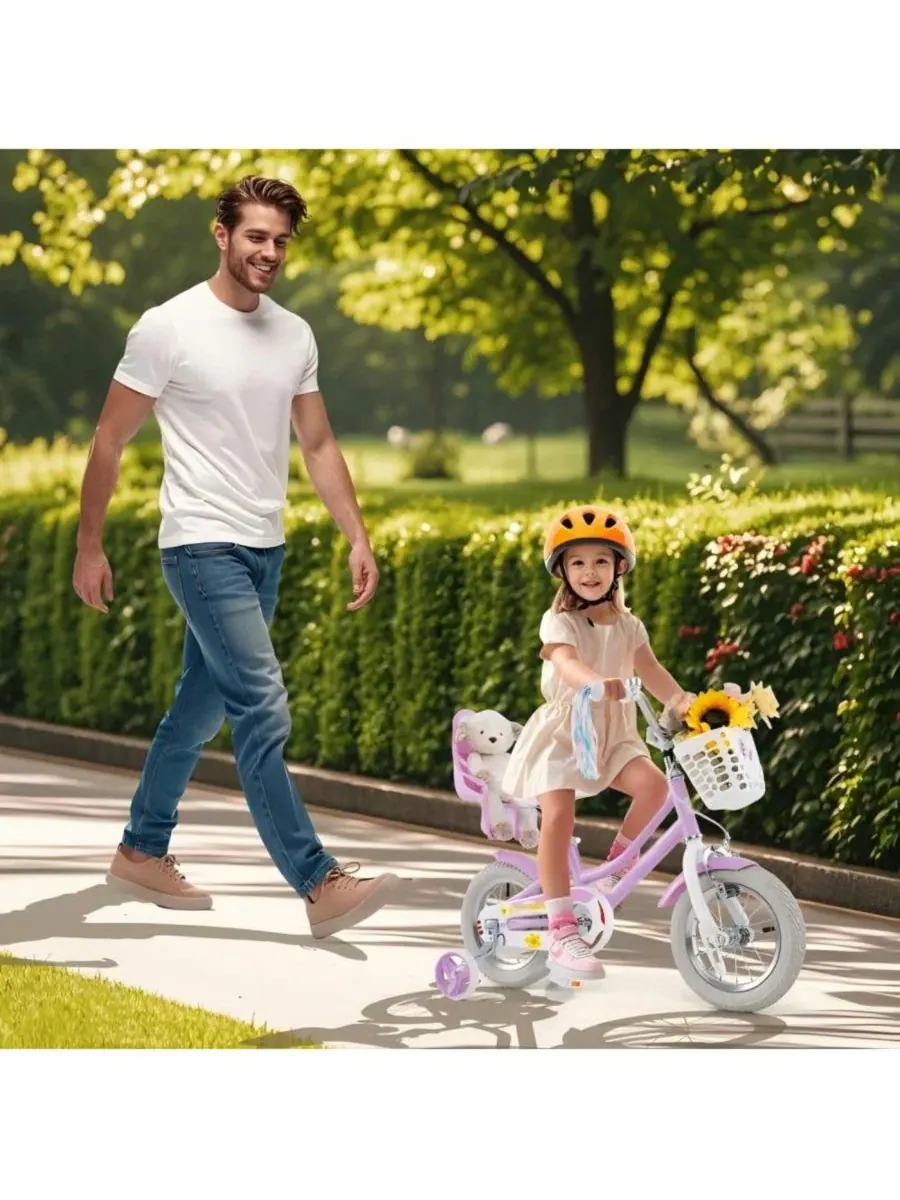 Детский велосипед для девочек 3-8 лет, 30 см , с сиденьем для куклы и лентами Hongge — изображение 4 из 10, фиолетовый