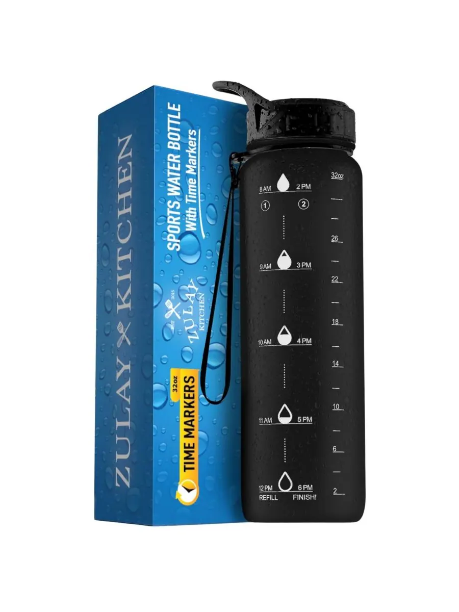 Бутылка для воды Hydration Nation с отметкой времени, 955 мл (32 унции) Zulay Kitchen — изображение 1 из 8, черный