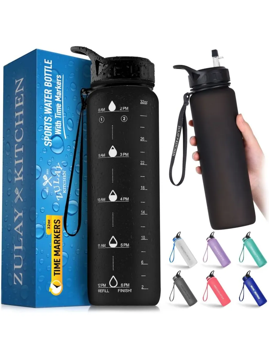 Бутылка для воды Hydration Nation с отметкой времени, 955 мл (32 унции) Zulay Kitchen — изображение 8 из 8, черный