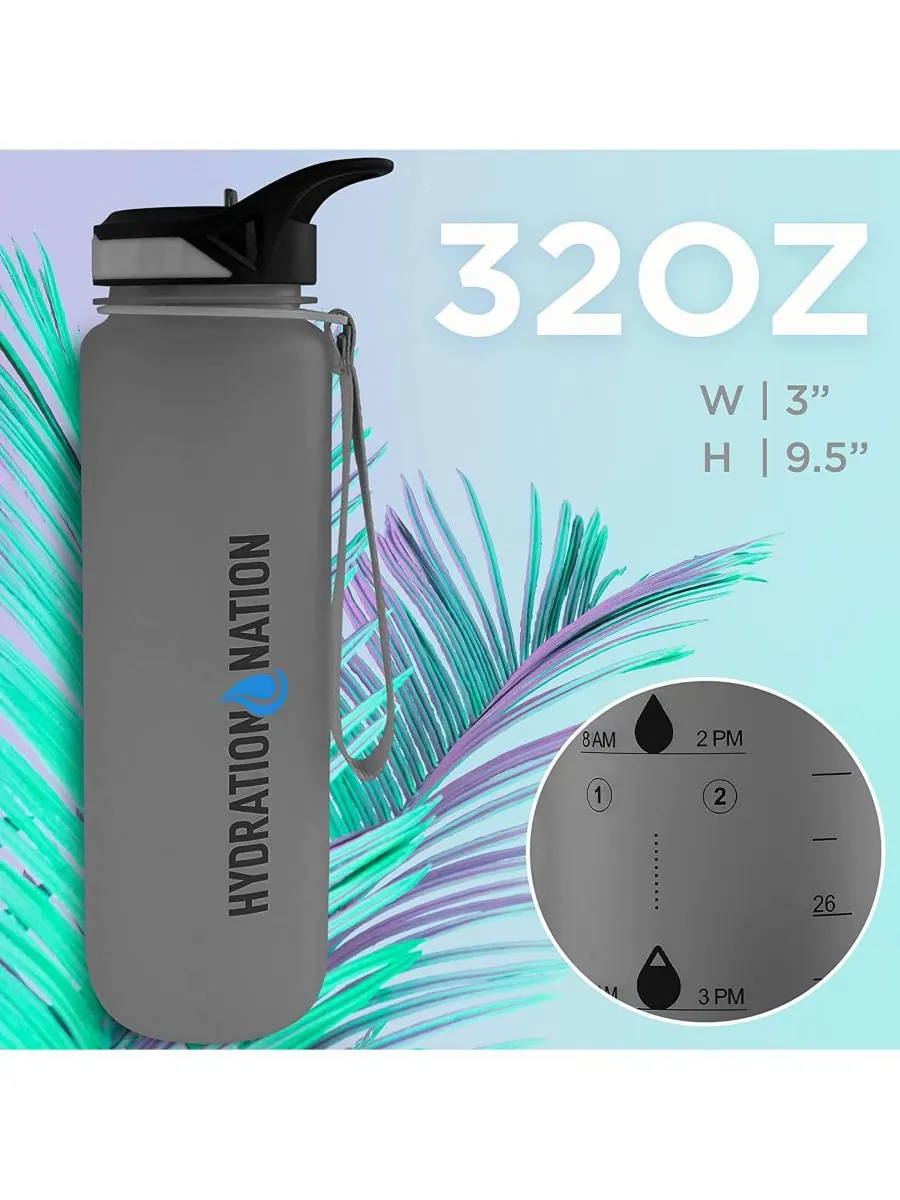 Бутылка для воды Hydration Nation с отметкой времени, 955 мл (32 унции) Zulay Kitchen — изображение 2 из 3, серый