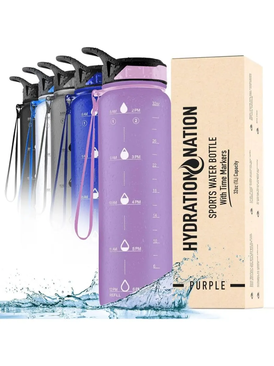 Бутылка для воды Hydration Nation с отметкой времени, 955 мл (32 унции) Zulay Kitchen — изображение 7 из 7, фиолетовый