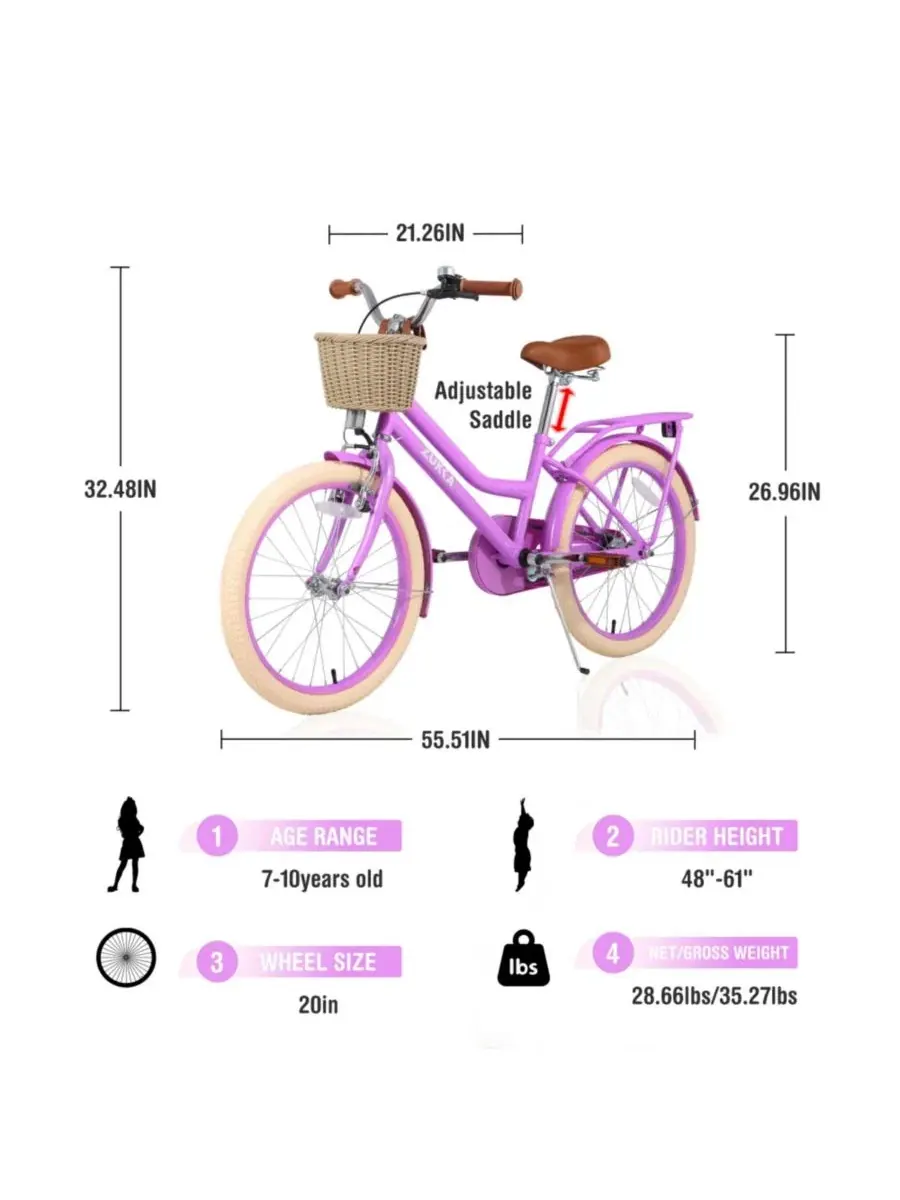 Детский велосипед с корзиной, 20 дюймов ECHTPeak — изображение 3 из 7, фиолетовый