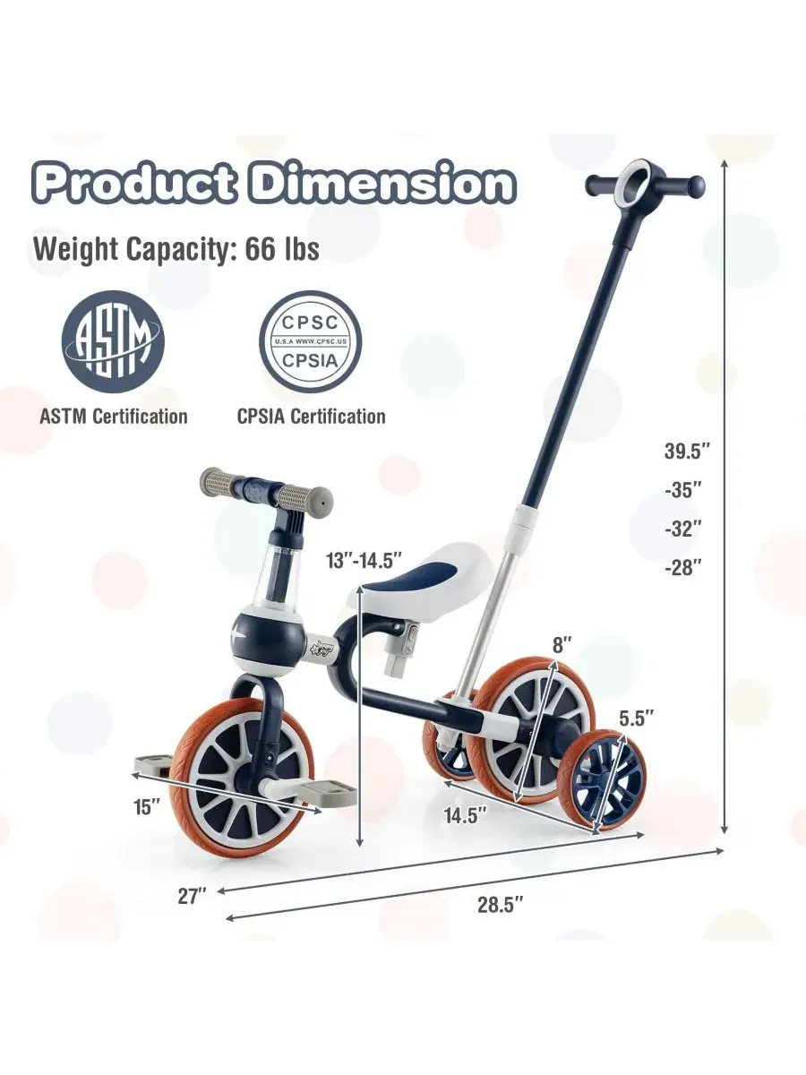 Детский трехколесный велосипед 4-в-1 с регулируемой ручкой для родителей, подходит для детей от 2 — изображение 3 из 9