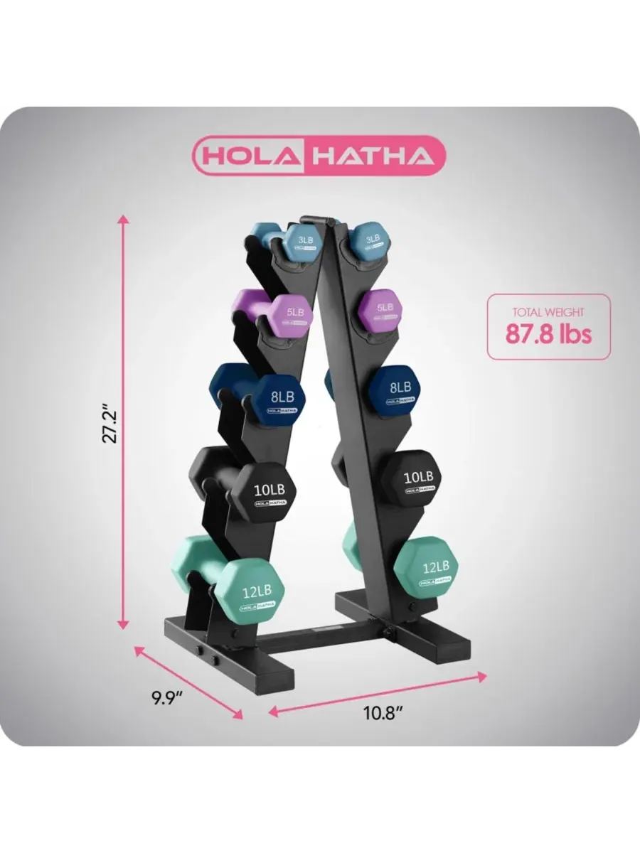 Набор неопреновых гантелей весом 3, 5, 8, 10 и 5 кг с подставкой для хранения Holahatha — изображение 2 из 11, нет цвета