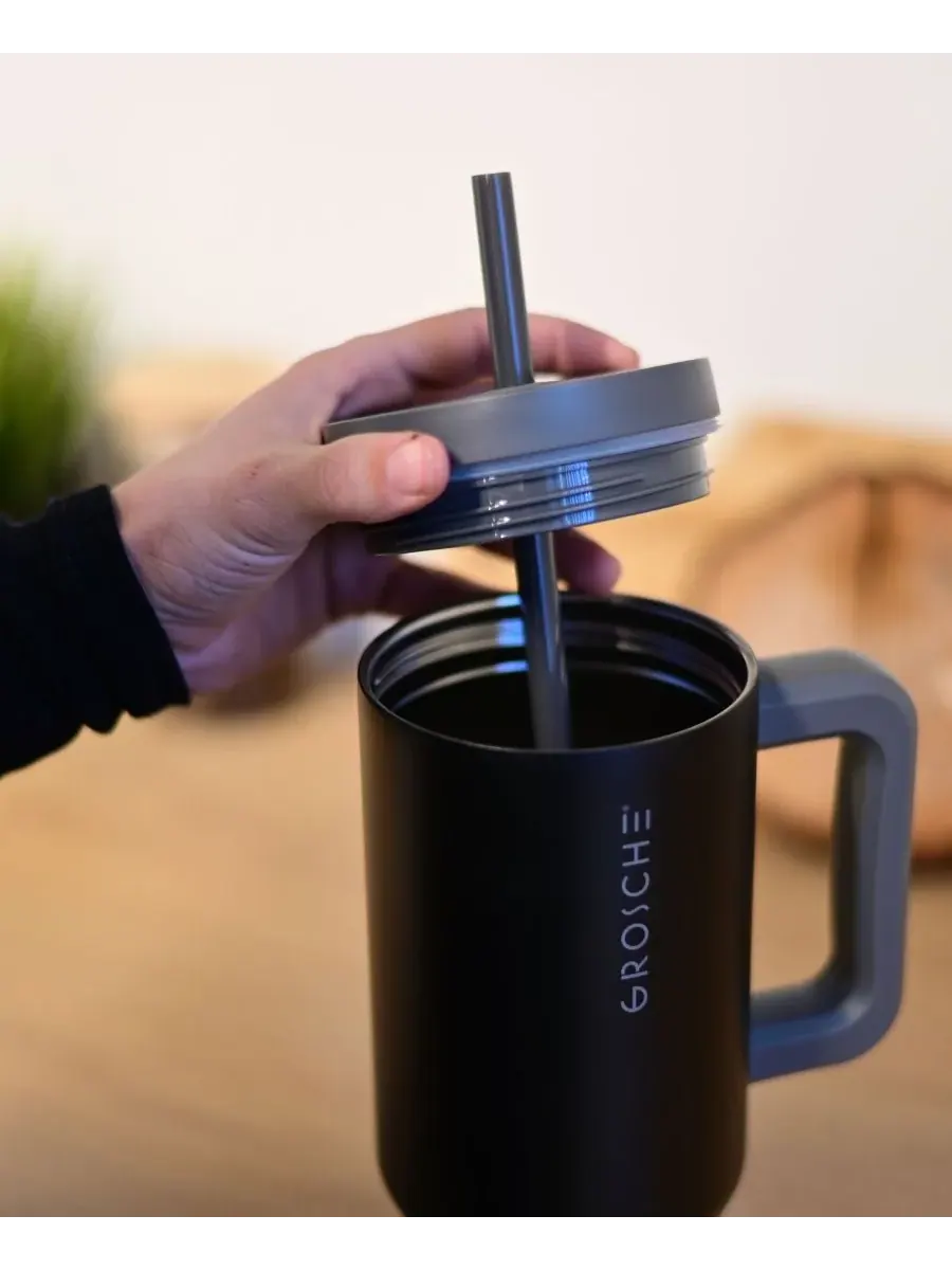 Термокружка объемом 1 л (около 1,2 литра) с трубочкой и ручкой, 2 шт Grosche — изображение 9 из 10, белый синий