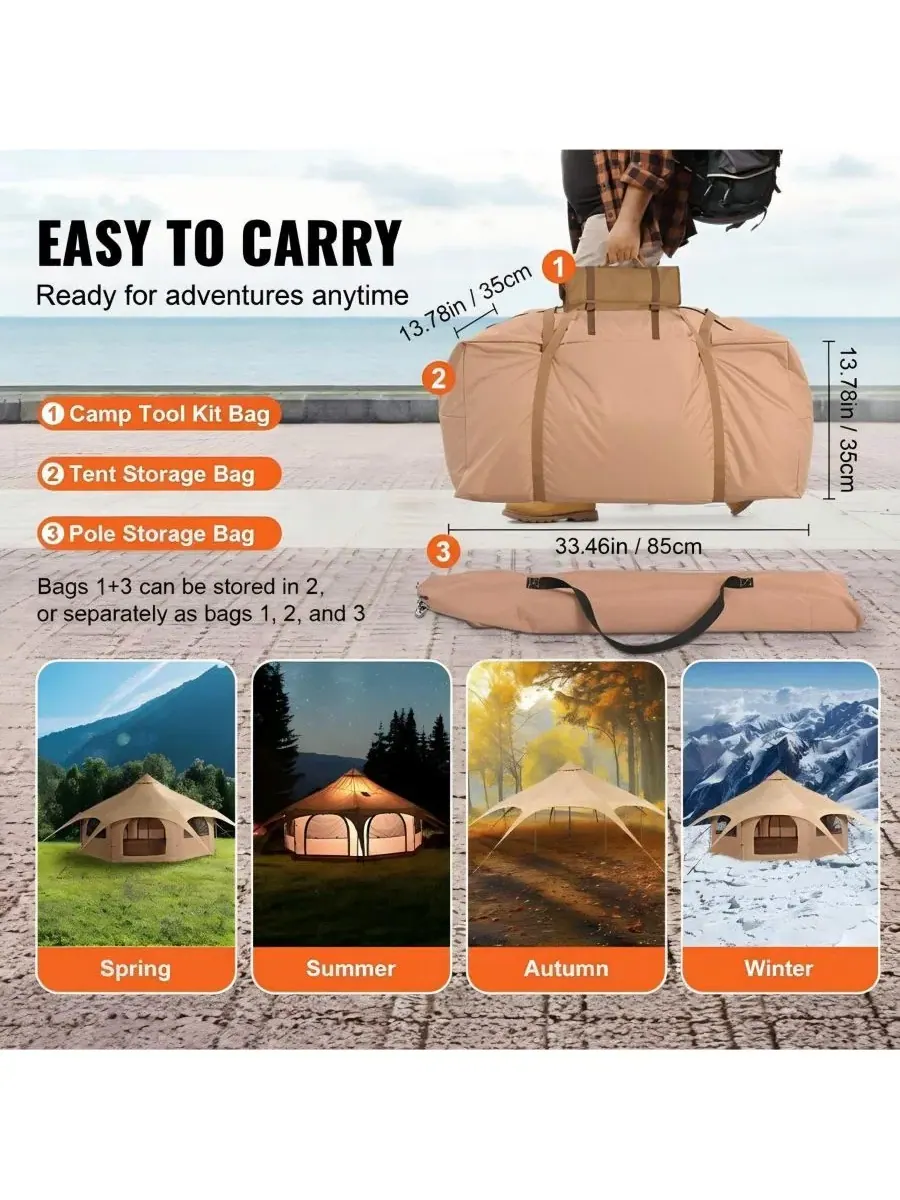 Палатка-шатер из брезента, 16,4 фута, всесезонная юрта с отверстием для печи, дышащая палатка для — изображение 4 из 11