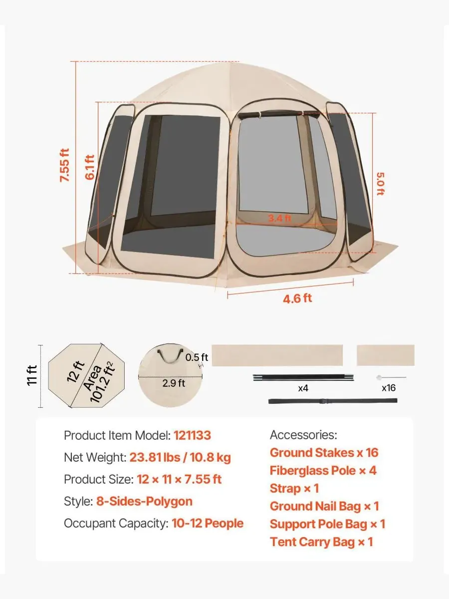 Палатка-шатер с москитной сеткой, размером 12 x 11 футов, рассчитана на 10-12 человек Mecale — изображение 4 из 11, бежевый