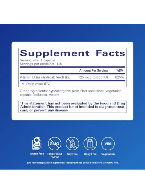 Pure Encapsulations Vitamin D3 125 mcg - биодобавка для костей и иммунитета 120 капсул — 2