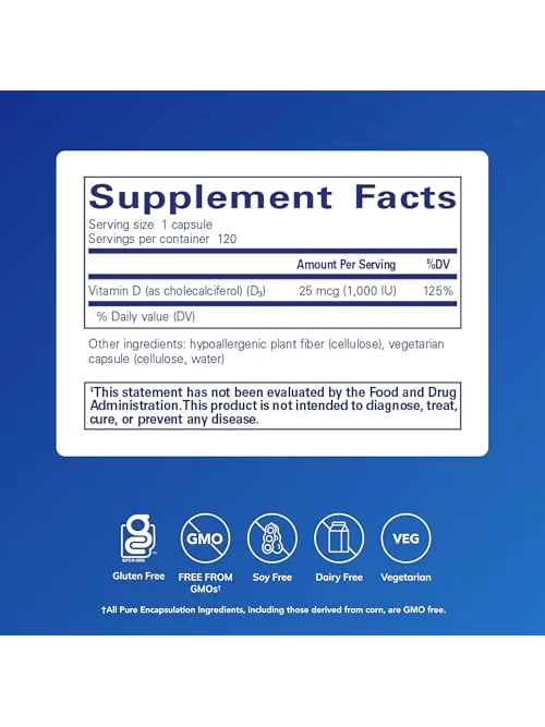 Pure Encapsulations Vitamin D3, 25 мкг, 120 капсул — 2