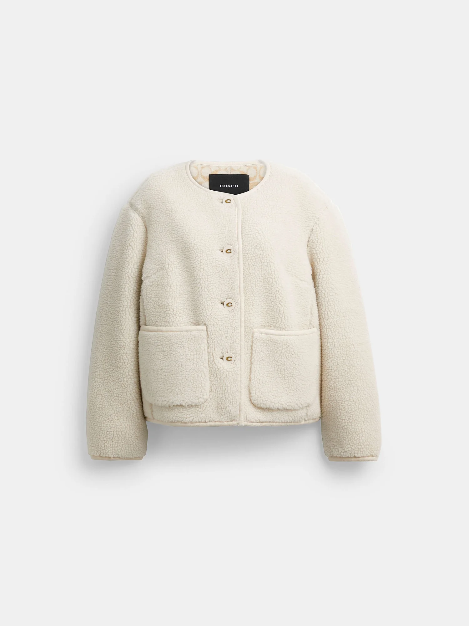 Короткая куртка-кардиган Coach из шерпы, бежевая — 11