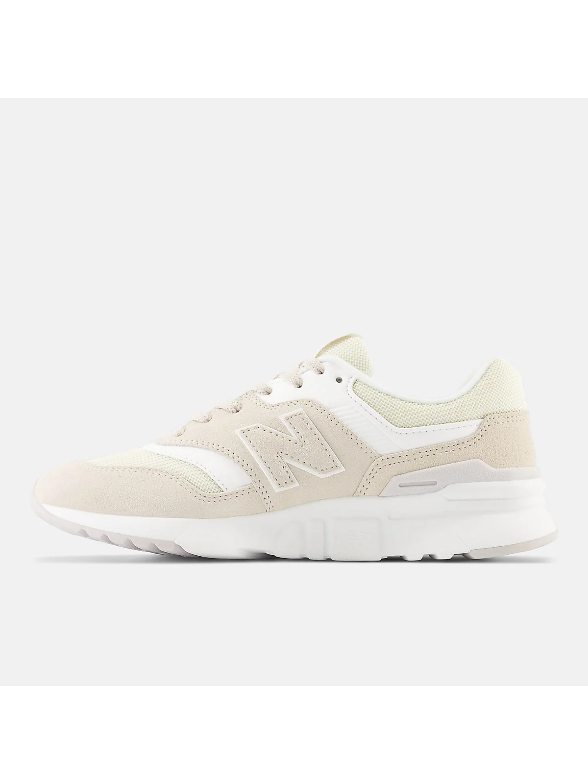 Крупный план материалов и деталей кроссовки New Balance 997H серо-бежевого цвета.