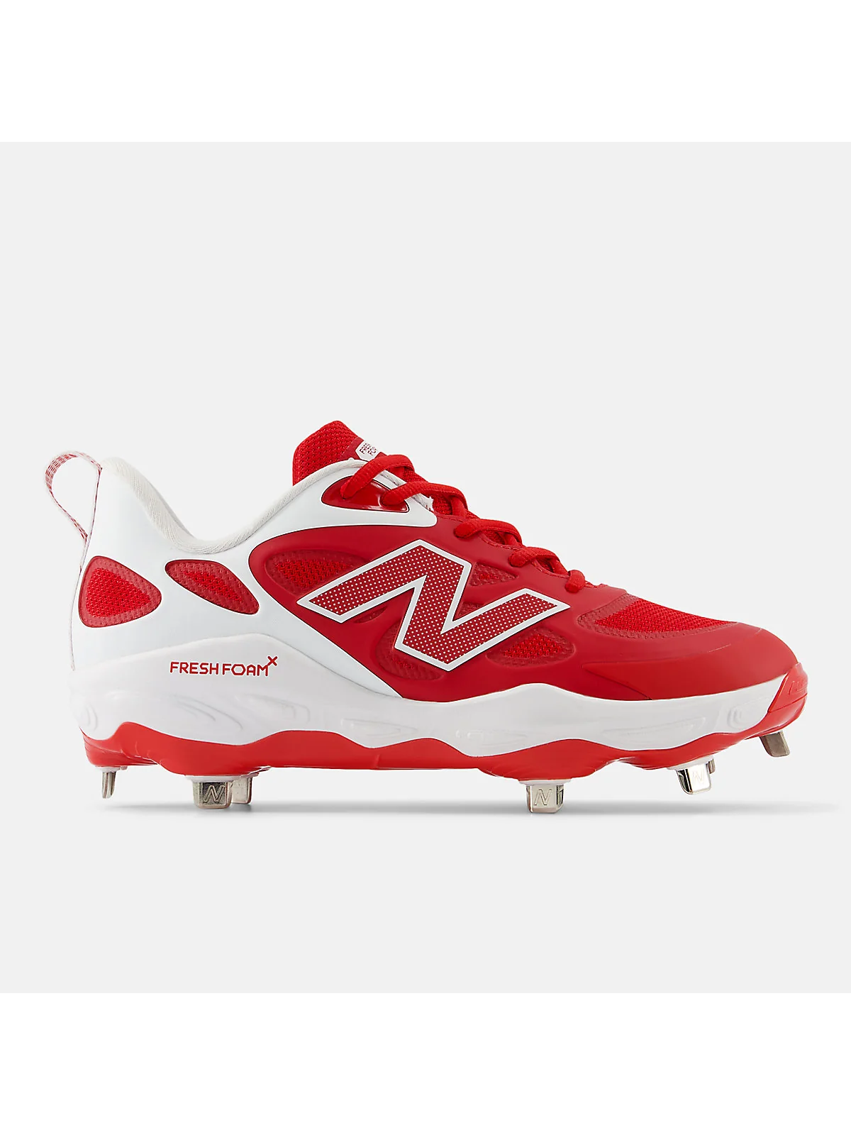 Спортивные бутсы New Balance Fresh Foam X Velo v4 Metal красные с белым, вид сбоку.