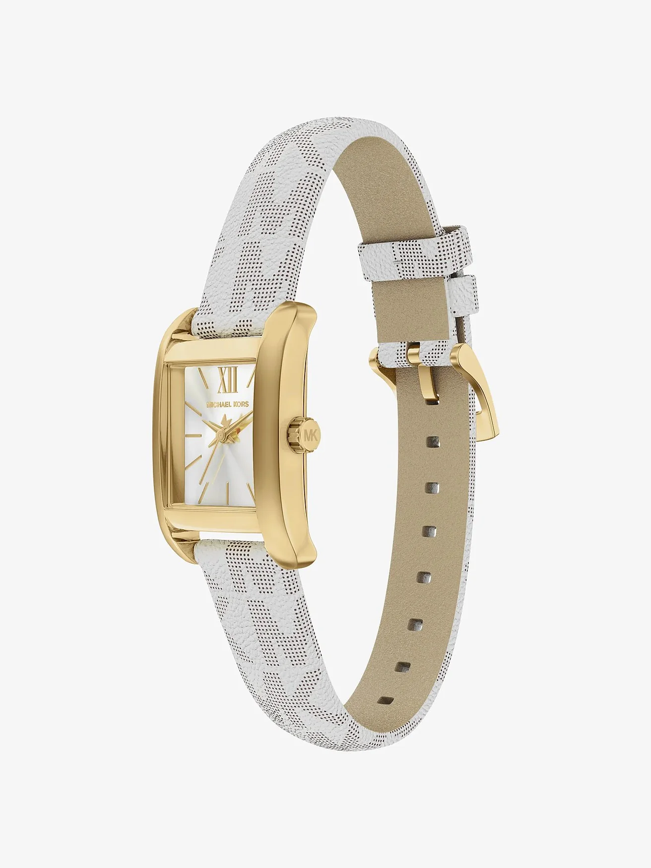 Наручные часы Michael Kors Мини Monroe золотистого тона на ремешке с монограммой, светлый ремешок — 5