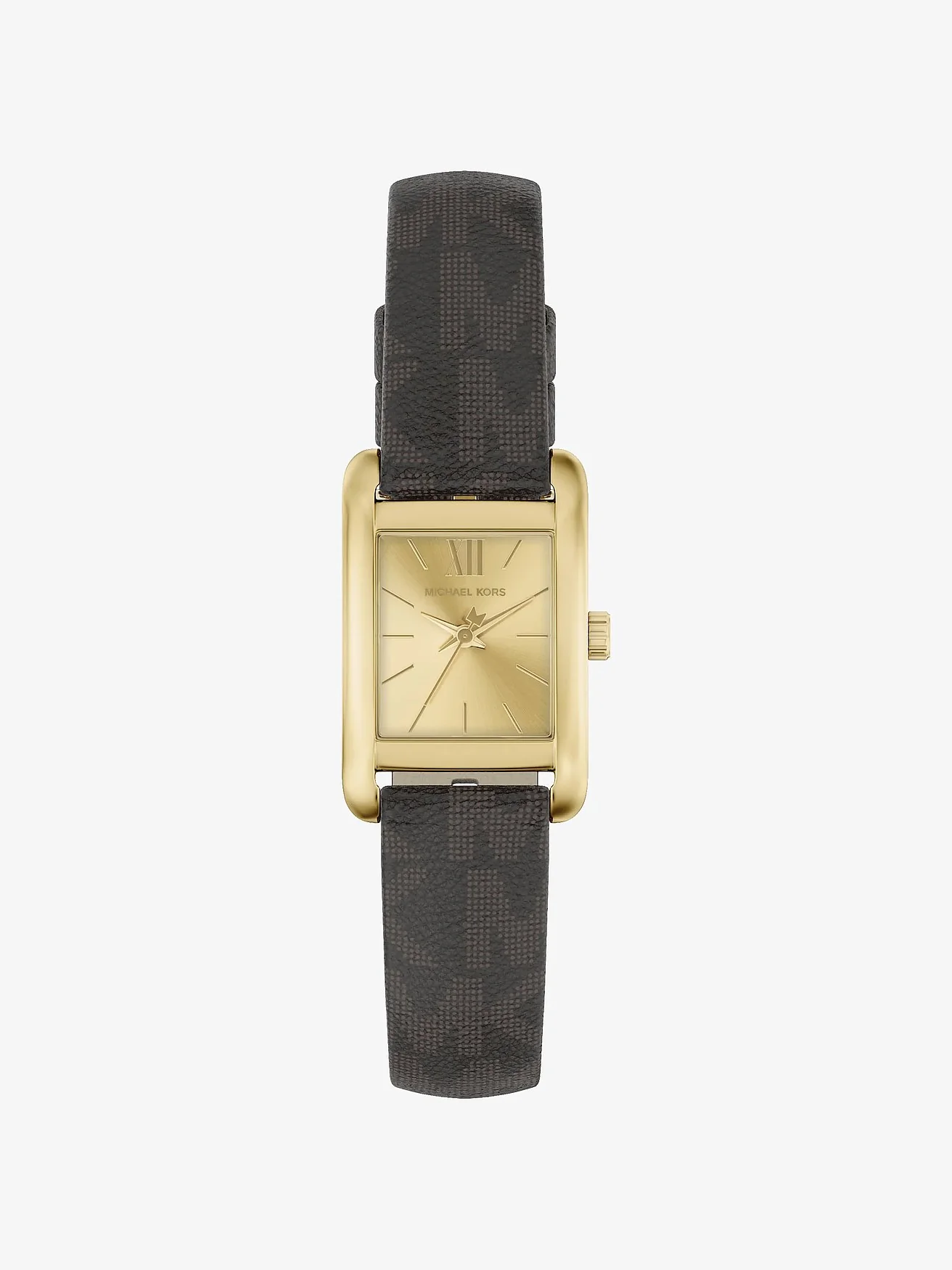 Наручные часы Michael Kors Мини Monroe золотистого тона на ремешке с монограммой, тёмный ремешок — 1