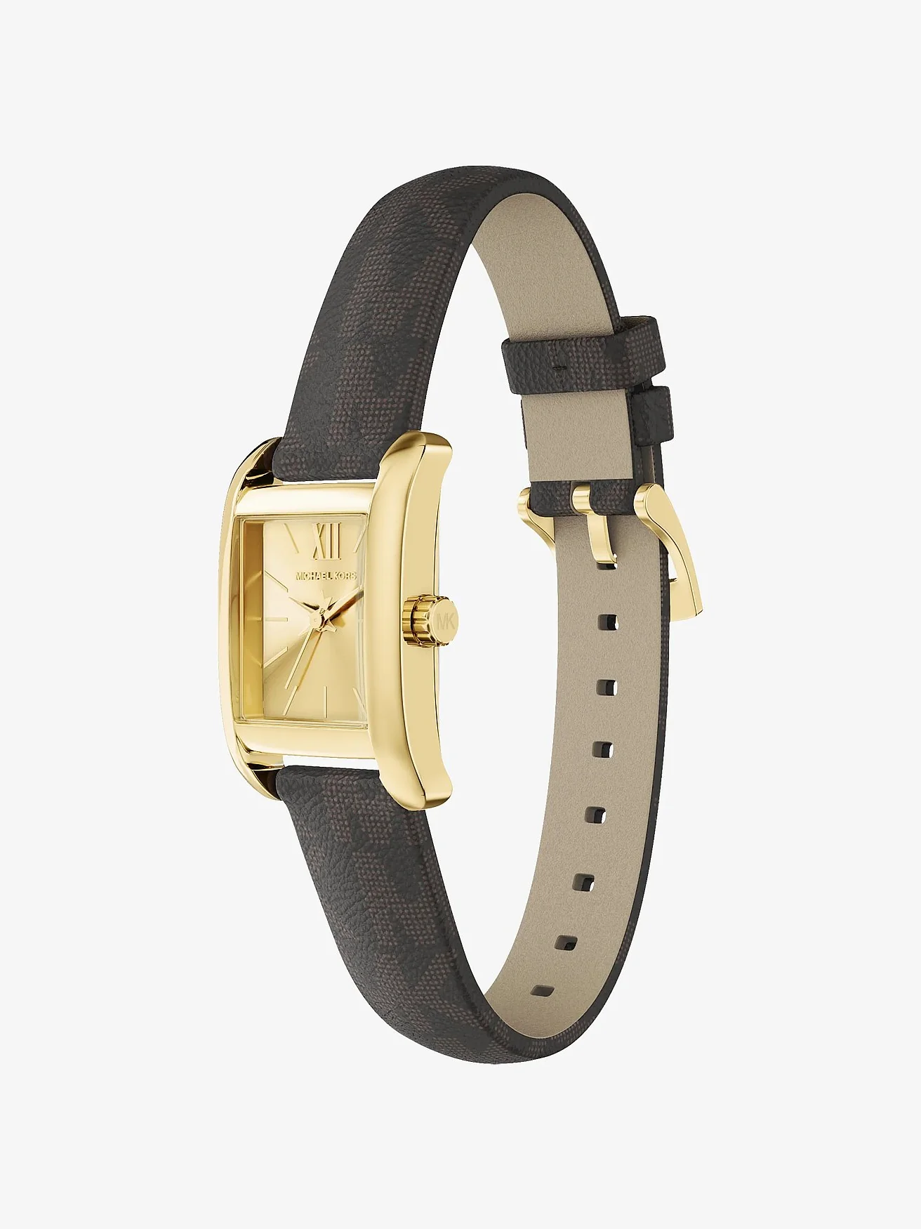 Наручные часы Michael Kors Мини Monroe золотистого тона на ремешке с монограммой, тёмный ремешок — 5