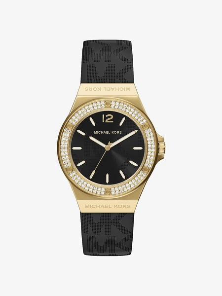 Наручные часы Michael Kors Lennox Pavé с золотистым корпусом на чёрном ремешке