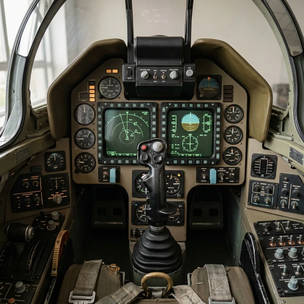 Кокпит авиатренажёра Су-27, приборная панель истребителя