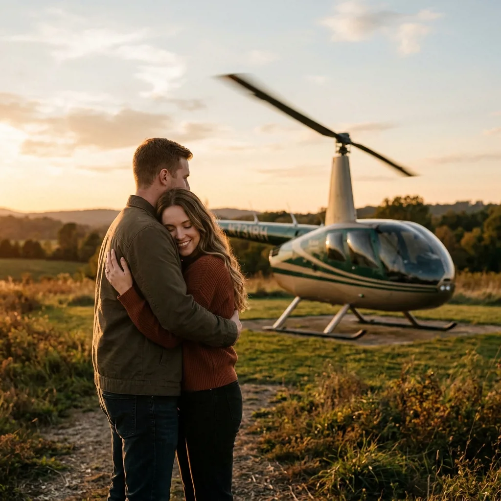 Пара обнимается у вертолета Robinson R44 на аэродроме
