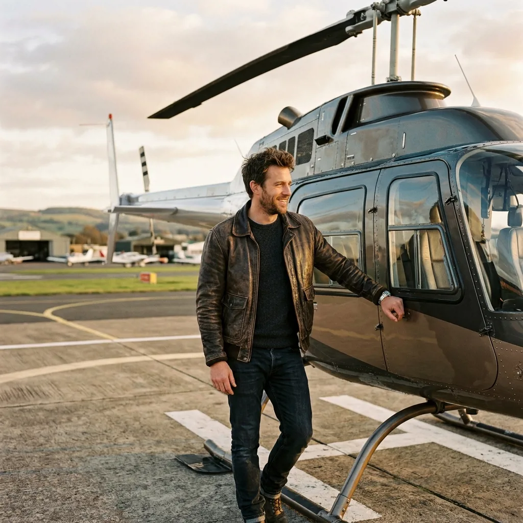 Мужчина в кожаной куртке стоит у вертолета Robinson R44