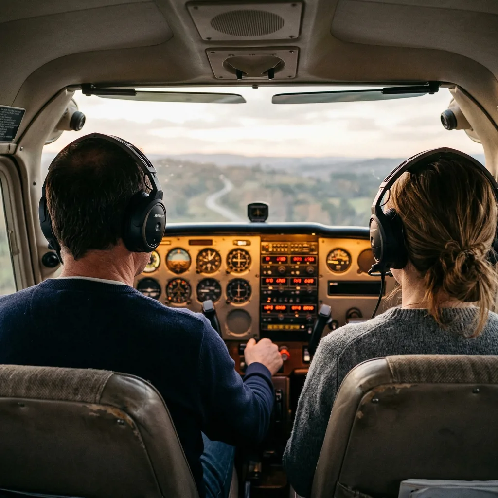 Пилот и пассажир в кабине Cessna 172 во время полета
