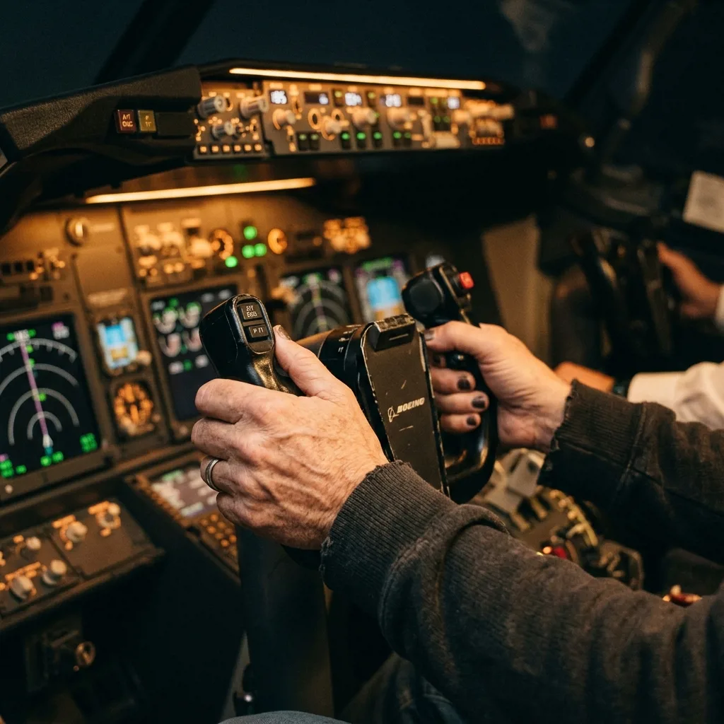 Гость управляет штурвалом на авиатренажере Boeing 737