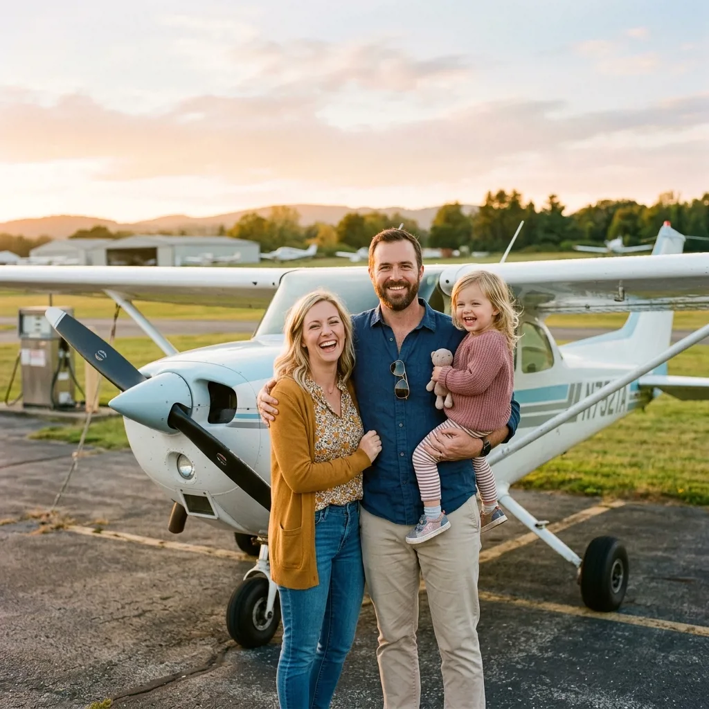 Семья на фоне Cessna 172 после полета