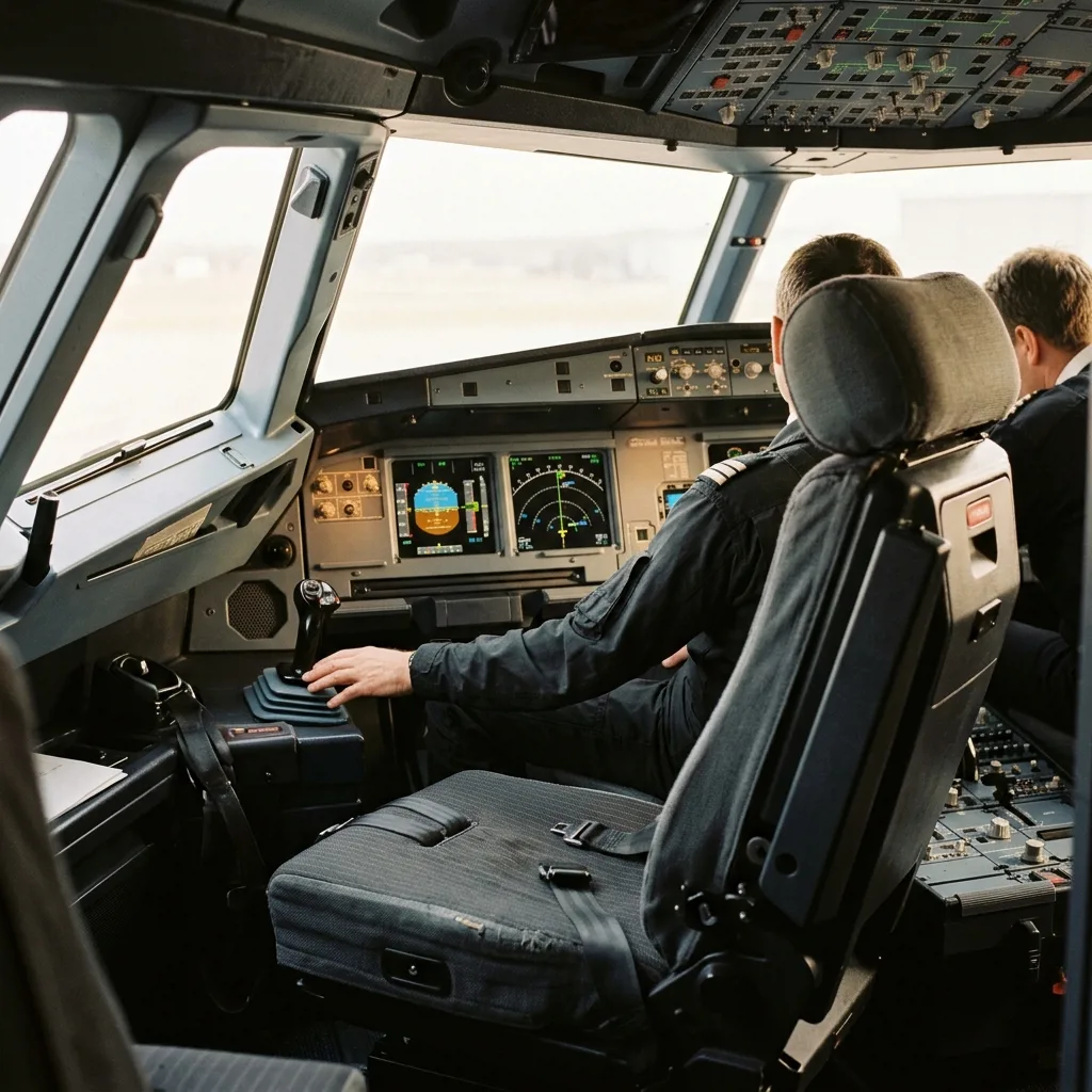 Кабина авиатренажёра Airbus A320, пилотские кресла и приборы