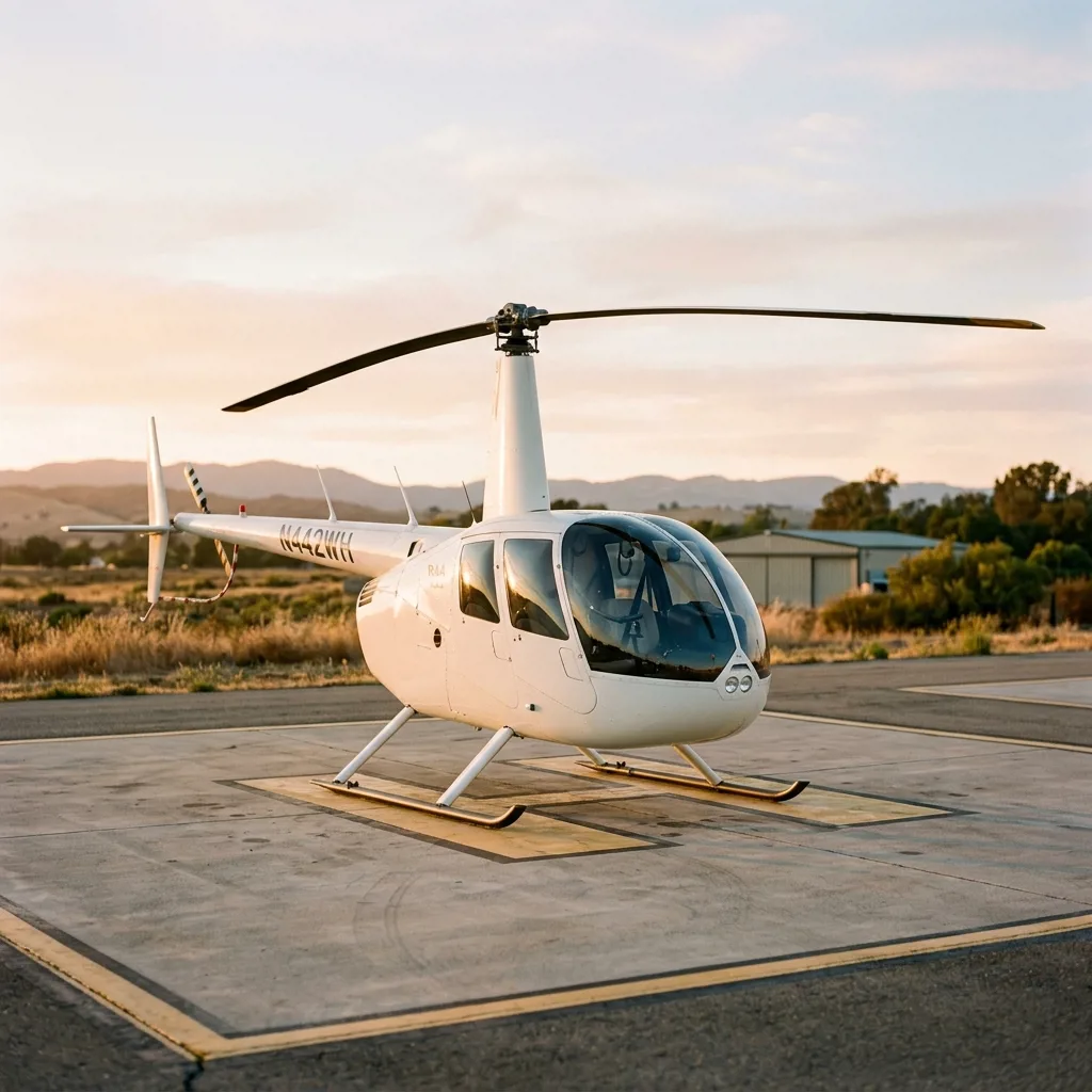 Вертолет Robinson R44 белого цвета на вертолетной площадке