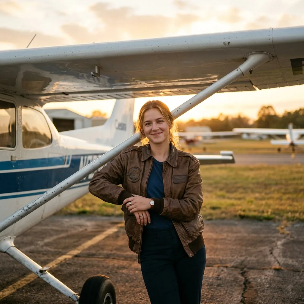 Индивидуальная фотосессия у самолета — девушка в пилотской куртке у крыла Cessna